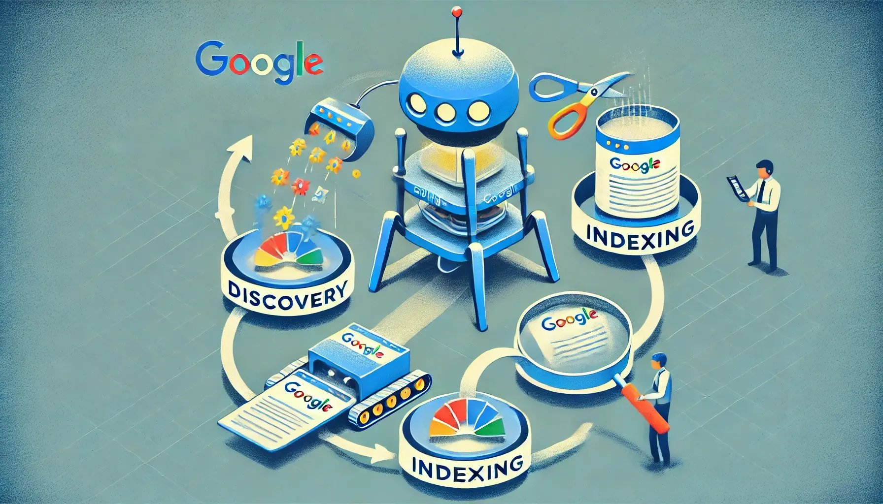 An illustration depicting the process of how Google indexes web pages. The image shows a Google crawler robot discovering web pages, extracting conten