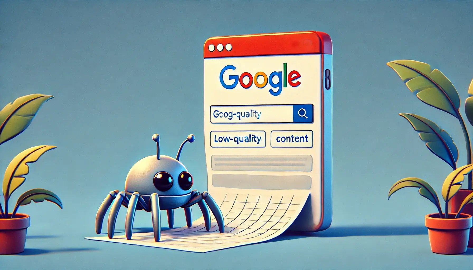 An image depicting a Google crawler finding a low-quality webpage and hesitating to access it. The page appears empty or poorly designed, with minimal