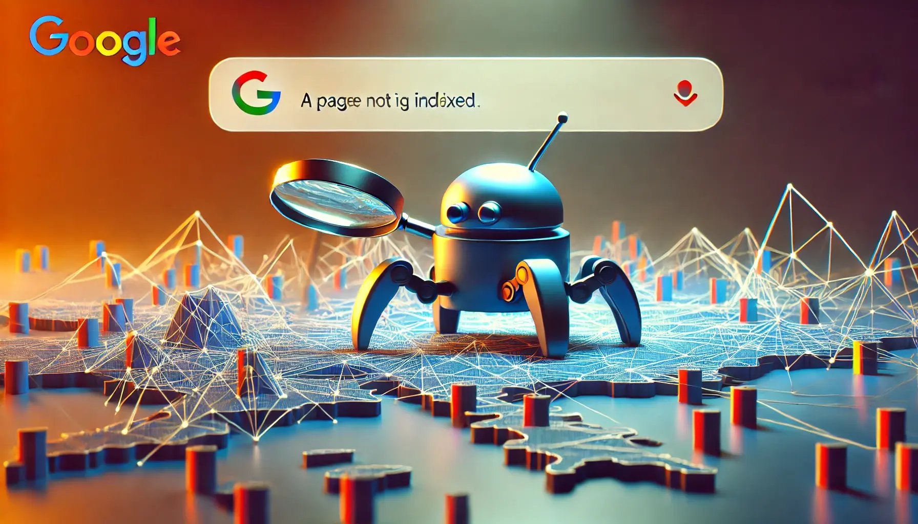 An image showing a Google crawler robot searching the web for a specific page but failing to find it. The scene includes a large map or network where 