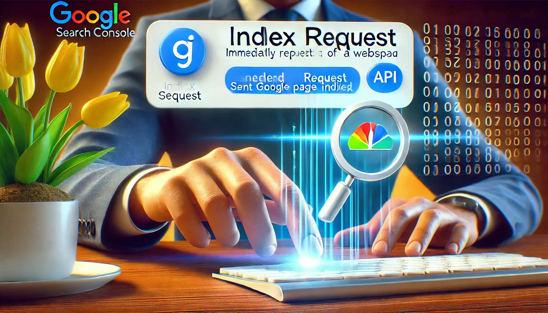 An image showing a user using Google Search Console and an API to immediately request indexation of a webpage. The scene includes a dashboard with an 