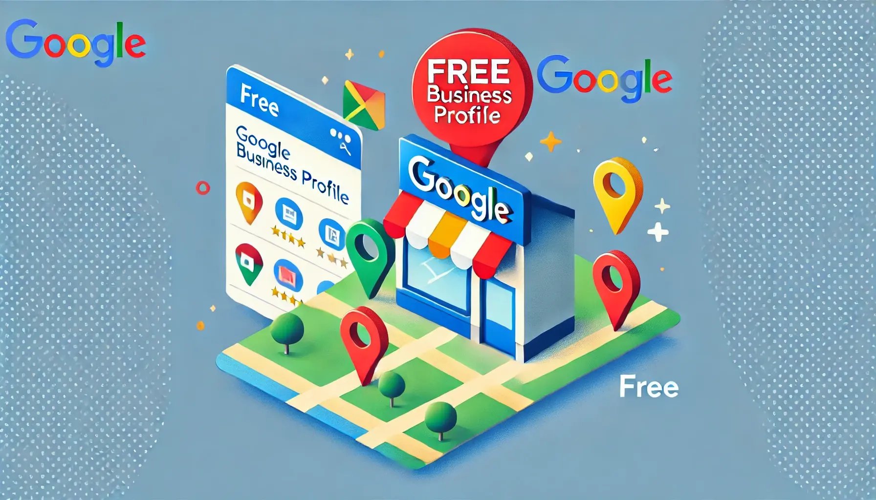 DALL·E 2024-09-01 11.48.48 - An illustration representing the concept of a free Google Business Profile. The image should depict a business storefront with a Free tag on it, pla